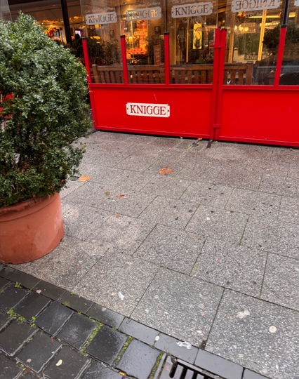 Ein großer, runder Pflanzkübel mit einem dichten, grünen Strauch steht auf einem grauen Gehweg aus Steinplatten. Im Hintergrund befindet sich eine rote Absperrung mit einem weißen Schild, auf dem in roten Buchstaben das Wort 'KNIGGE' steht. Dahinter sind durch die Glasscheiben warme Lichtquellen und Regale mit verschiedenen Gegenständen zu erkennen.