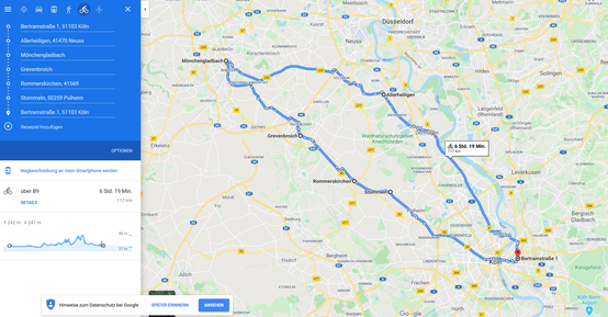Screenshot von Google Maps mit der Route von Mönchengladbach nach Köln.