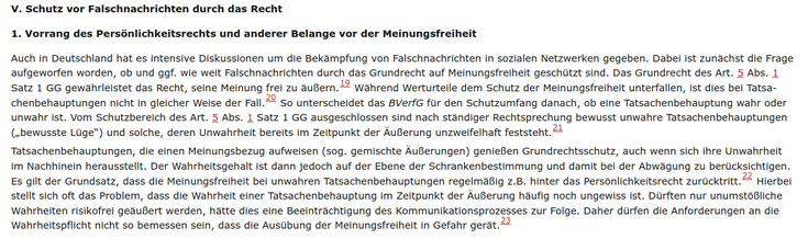 Schutz vor Falschnachrichten durch das Recht.

Vorrang des Persönlichkeitsrechts und anderer Belange vor der Meinungsfreiheit