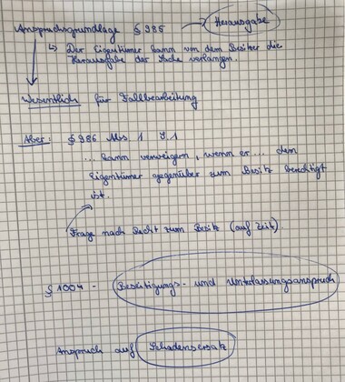 Handschriftliche Notizen mit Füller auf kariertem Block. Überschrift. Anspruchsgrundlage § 985