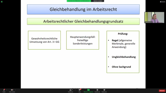 Gleichbehandlung im Arbeitsrecht

Arbeitsrechtlicher Gleichbehandlungsgrundsatz

Gewohnheitsrechtliche Umsetzung von Art. 3 I GG

Hauptanwendungsfall: freiwillige Sonderleistungen

Prüfung:
- Regel (allgemeine Merkmale, generelle Anwendung)
- Ungleichbehandlung
- Ohne Sachgrund