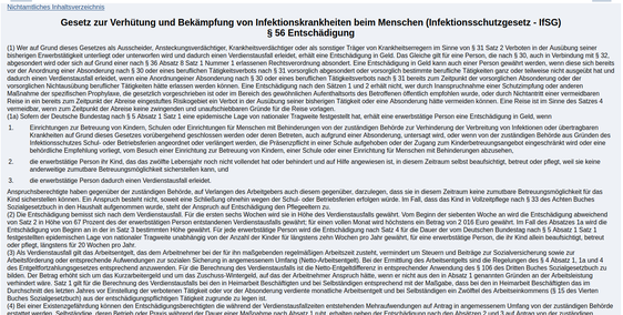 Screenshot von Website: Gesetz zur Verhütung und Bekämpfung von Infektionskrankheiten beim Menschen (Infektionsschutzgesetz - IfSG)
§ 56 Entschädigung
