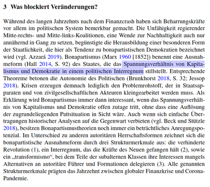 Screenshot der referenzierten Textstelle. Überschrift: "3 Was blockiert Veränderungen?"

Markierung bei: Spannungsverhältnis von Kapitalismus und Demokratie in einem politischen Interregnum