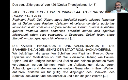 Das sog. "Zitiergesetz" von 426 (Codex Theodosianus 1,4,3)