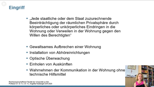 Folie: Eingriff: "Jede staatliche oder dem Staat zuzurechnende Beeinträchtigung der räumlichen Privatsphäre durch körperliches oder unkörperliches Eindringen in die Wohnung oder Verweilen in der Wohnung gegen den Willen des Berechtigten.