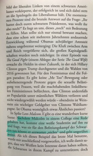 Markierung: Nachdem Malcolm in einem College eine Rede gehalten hat, kommt eine weiße Studentin auf ihn zu und fragt, was sie für den Befreiungskampf der Schwarzen tun könne; er antwortet "nichts" und geht ungerührt weiter.