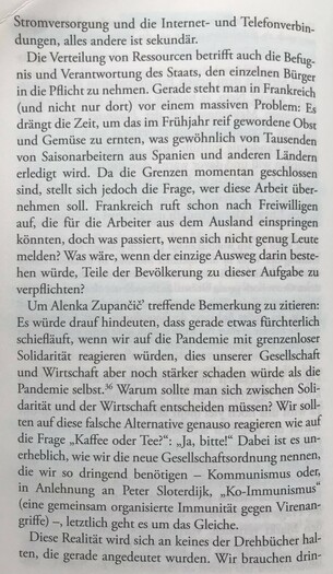 Stromversorgung und die Internet- und Telefonverbindungen, alles andere ist sekundär.
Die Verteilung von Ressourcen betrifft auch die Befugnis und Verantwortung des Staats, den einzelnen Bürger in die Pflicht zu nehmen. Gerade steht man in Frankreich (und nicht nur dort) vor einem massiven Problem: Es drängt die Zeit, um das im Frühjahr reif gewordene Obst und Gemüse zu ernten, was gewöhnlich von Tausenden von Saisonarbeitern aus Spanien und anderen Ländern erledigt wird. Da die Grenzen momentan geschlossen sind, stellt sich jedoch die Frage, wer diese Arbeit übernehmen soll. Frankreich ruft schon nach Freiwilligen auf, die für die Arbeiter aus dem Ausland einspringen könnten, doch was passiert, wenn sich nicht genug Leute melden? Was wäre, wenn der einzige Ausweg darin bestehen würde, Teile der Bevölkerung zu dieser Aufgabe zu verpflichten?
Um Alenka Zupancic treffende Bemerkungen zu zitieren: Es würde darauf hindeuten, dass gerade etwas fürchterlich schiefläuft, wenn wir auf die Pandemie mit grenzenloser Solidarität reagieren würden, dies unsere Gesellschaft und die Wirtschaft aber noch stärker schaden würde als die Pandemie selbst. Warum sollte man sich zwischen Solidarität und der Wirtschaft entscheiden müssen? Wir sollten auf diese falsche Alternative genauso reagieren wie auf die Frage "Kaffee oder Tee?": "Ja, bitte!" Dabei ist es unerheblich, wie wir die neue Gesellschaftsordnung nennen, die wir so dringen benötigen - Kommunismus oder in Anlehnung an Peter Sloterdijk, 