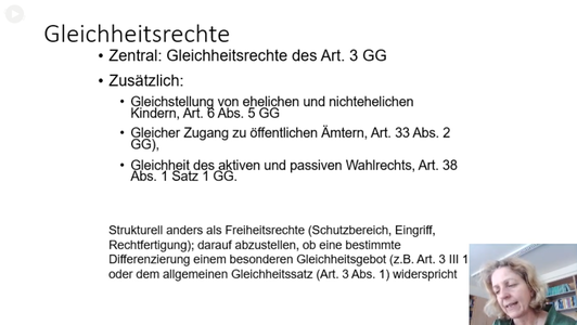 Gleichheitsrechte

Zentral: Gleichheitsrechte des Art. 3 GG
Zusätzlich: Gleichstellung von ehelichen und nichtehehlichen Kindern...