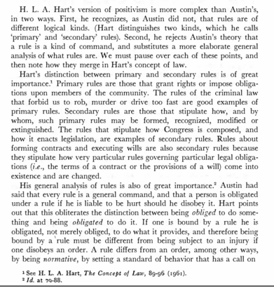 H. L. A. Hart's version of positivism is more complex than Austin's, in two ways...