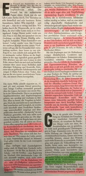 Diverse Markierungen

QR-Codes sollen Kontrollstandards durchsetzen, aber die Kontrollpraktiken sind keineswegs standardisiert, weil Menschen sie vornehmen und nicht Maschinen.


Um die Einhaltung von 2G- oder 3G-Maßgaben sicherzustellen, kam es in vielen Institutionen zur eigentümlichen Individualisierung institutioneller Aufgaben.


selbst abwägen, welche Maßnahmen sie ergreifen und ob sie nicht sogar ohne jede Verpflichtung eigenmächtig Regeln installieren.

studentische Interessenvertretungen

...die härteren Kontrollen and en Unis fordern, weil sie sich von ihren Dozenten nicht ausreichend geprüft fühlen, wenn es um Impfstatus und Corona-Tests geht.

erhöht die Zuständigkeit und Eigenverantwortung Einzelner, die mehr denn je auf sich gestellt sind, wenn es darum geht, richtig zu entscheiden.

...