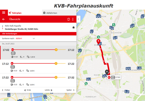 Screenshot KVB Fahrplanauskunft. 

Weg von Kalk Kapelle bis Heidelberger Straße 28 Köln.