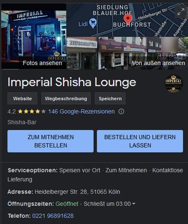 Screenshot Google Business Visitenkarte Imperial Shisha Lounge Köln Mühlheim