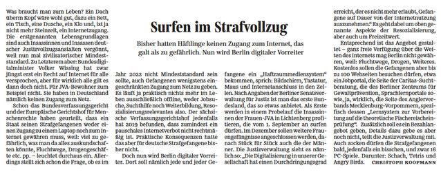 Screenshot vom zitierten Zeitungsartikel. 

Überschrift: Surfen im Strafvollzug. Unterüberschrift: Bisher hatten Häftliche keinen Zugang zum Internet, das galt als zu gefährlich. Nun wird Berlin digitaler Vorreiter