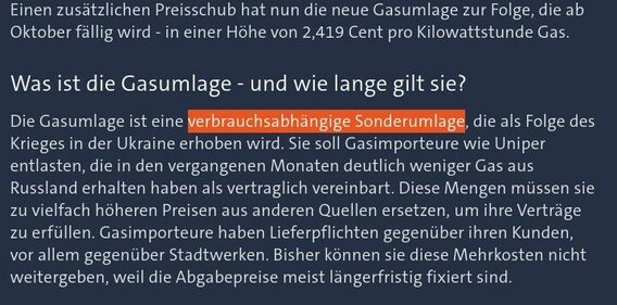 screenshot vom verlinkten Artikel auf Tagesschau.de. Überschrift: Was ist die Gasumlage - und wie lange gilt sie?
