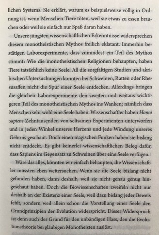 Abfotografierte zitierte Textstelle, S. 162f. aus Harari - Homo Deus.

Zweiter Absatz beginnt mit: Unsere jüngsten wissenschaftlichen Erkenntnisse widersprechen diesem...
