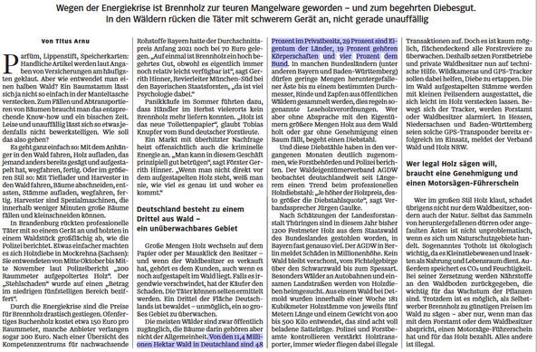 Screenshot des zitierten Artikels aus der Süddeutschen Zeitung. 

Markierung bei den zitierten Fakten. Unterüberschrift des Artikels: 

Wegen der Energiekrise ist Brennholz zur teuren Mangelware geworden - und zum begehrten Diebesgut. In den Wäldern rücken die Täter mit schwerem Gerät an, nicht gerade unauffällig.

Markierung: Von den 11,4 Millionen Hektar Wald in Deutschland sind 48 Prozent im Privatbesitz, 29 Prozent sind Eigentum der Länder, 19 Prozent gehören Körperschaften und vier Prozent dem Bund.