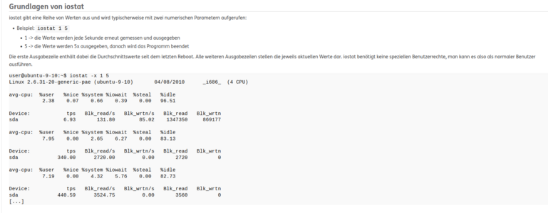 Screenshot der verlinkten Website thomas-krenn.com; Überschrift: Grundlagen von iostat.