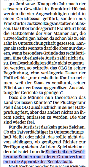 Screenshot vom zitierten SZ Artikel. Markierung bei: "Sicherheit der Bevölkerung. Sondern auch deren Grundvertrauen in die Apparate des Rechtsstaats."