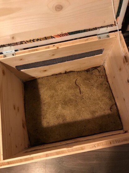 Foto in die fertige Wurmkiste. Oberhalb von Humus und Kompost liegt eine Hanfmatte. Einige Würmer sind auf der Hanfmatte zu sehen.