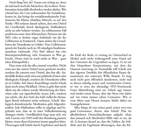 Screenshot der zitierten Stelle aus der Zeit. Beginn: "Doch fängt der Traum erst richtig an, denn da sind auch noch die Menschen, die in dieser Transformation keinesfalls überfordert werden dürfen. Wie schmal hier der Grat insbesondere für Sozialdemokraten ist, das bringt der sozialdemokratische Fraktionsvize für Klima, Matthias Miersch, so auf den Punkt: "Wir müssen darauf achten, dass zwei Drittel der Gesellschaft durch ökologische Maßnahmen nicht zu sehr belastet werden..."
