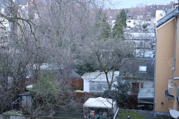 Foto aus meinem Badezimmerfenster auf die Hinterhöfe in der Nachbarschaft. Einige Nachbarn haben Lauben und Gartenmöbel, die Gärten werden teils zum Grillen genutzt. Sie sind nicht öffentlich zugänglich.